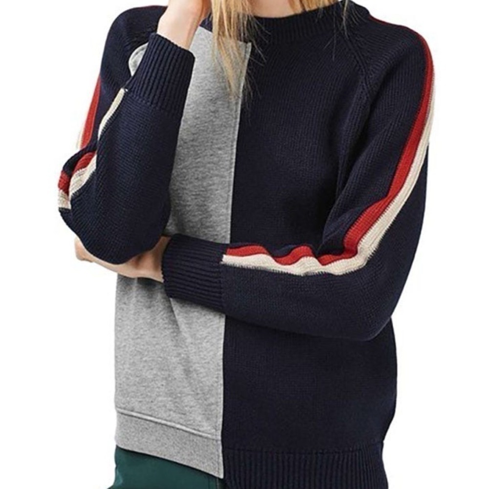 Topshop Colorblock Crew Neck Cotton Long Sleeve Ski Sweater Blue Gray Pullover